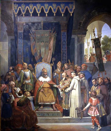 Jean-Victor Schnetz 1830年名作《查理曼與阿爾琴》，描繪校長阿爾琴向查理曼大帝及其高級廷臣展示由修士手抄之聖經文獻，象徵神聖王權與知識基建之交匯。