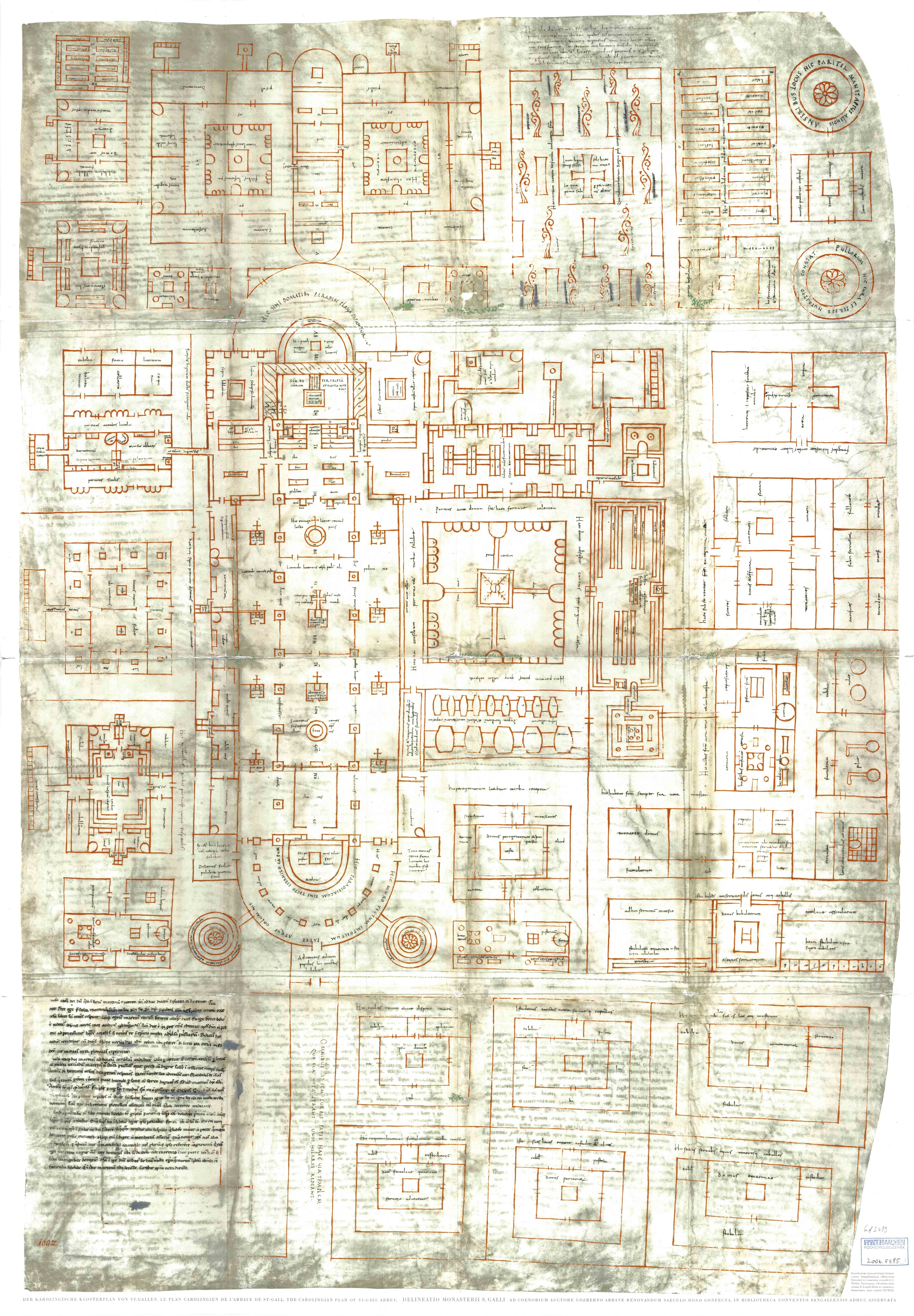 公元九世紀初著名的《聖加侖修道院理想平面圖》（St. Galler Klosterplan）局部，圖中明確規劃了專屬的圖書館（Library）與手抄室（Scriptorium）空間，展現出高度系統化的學術基建思維。