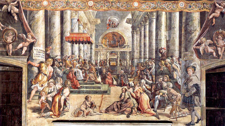 梵蒂岡拉斐爾畫室著名濕壁畫《君士坦丁的贈禮》（Donation of Constantine），描繪君士坦丁大帝將世俗統治權讓渡給教宗西爾維斯特一世。