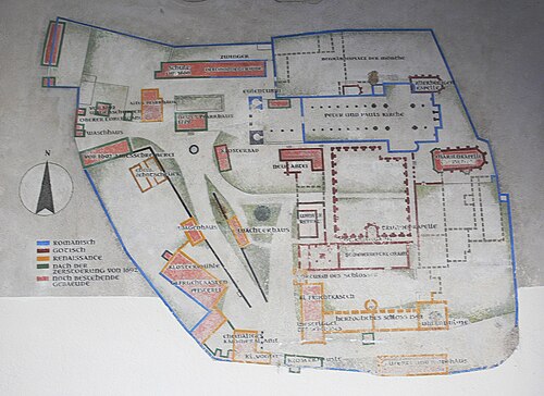 希爾紹修道院大教堂建築年代與地基結構分佈圖，完美體現了威廉大院長將幾何比例與宇宙秩序無縫轉化為石造空間的卓越才華