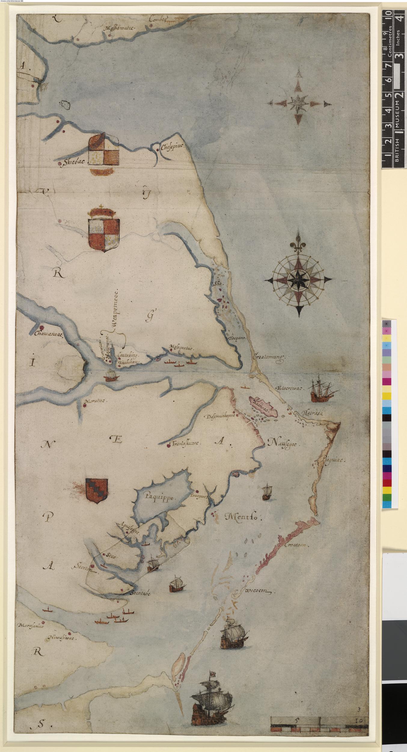 約翰·懷特約於1585年繪製的北美海岸地圖《La Virginea Pars》，記錄了早期對北美地理的探索與拓荒