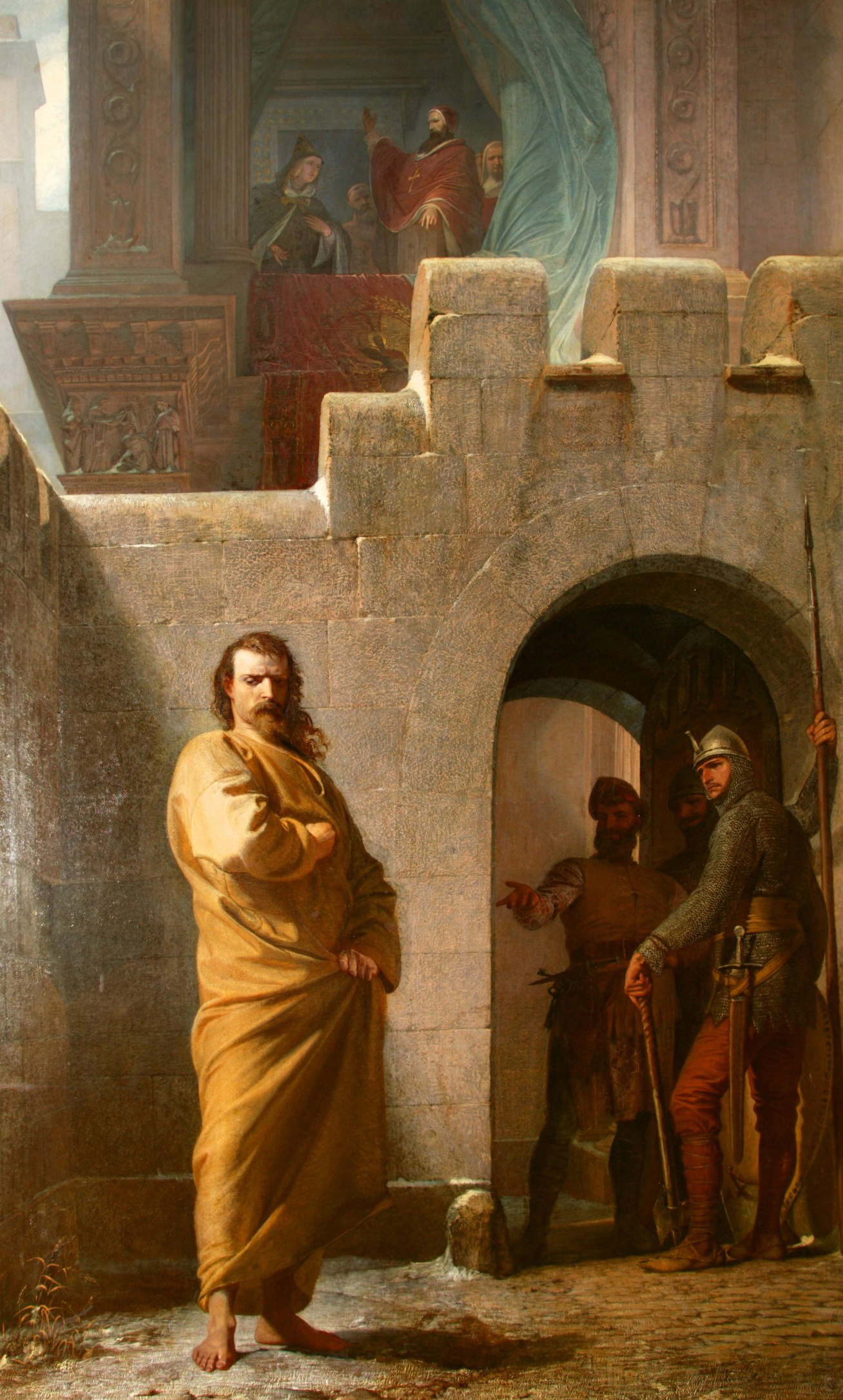 德國歷史畫家 Eduard Schwoiser 經典油畫巨作《亨利前進卡諾莎》（Heinrich vor Canossa），生動再現了皇帝亨利四世向教宗格列高利七世低頭乞求赦免的史詩場景