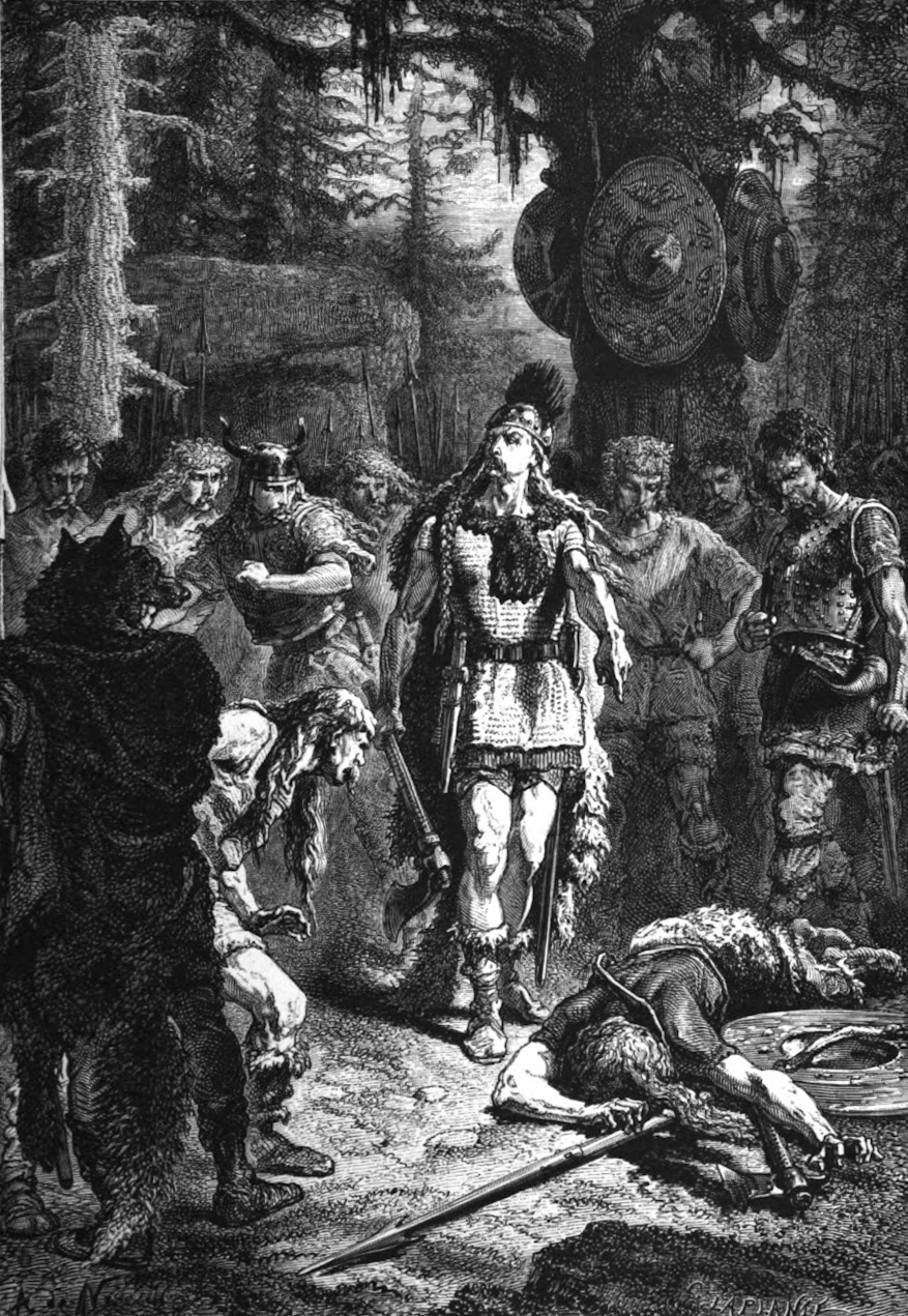 蘇瓦松之瓶：Alphonse de Neuville 於 19 世紀為歷史文獻繪製的經典插圖，描繪克洛維一世在閱兵時用戰斧劈向砸碎蘇瓦松花瓶的士兵，象徵王權對法理秩序與教會財產的強硬維護。