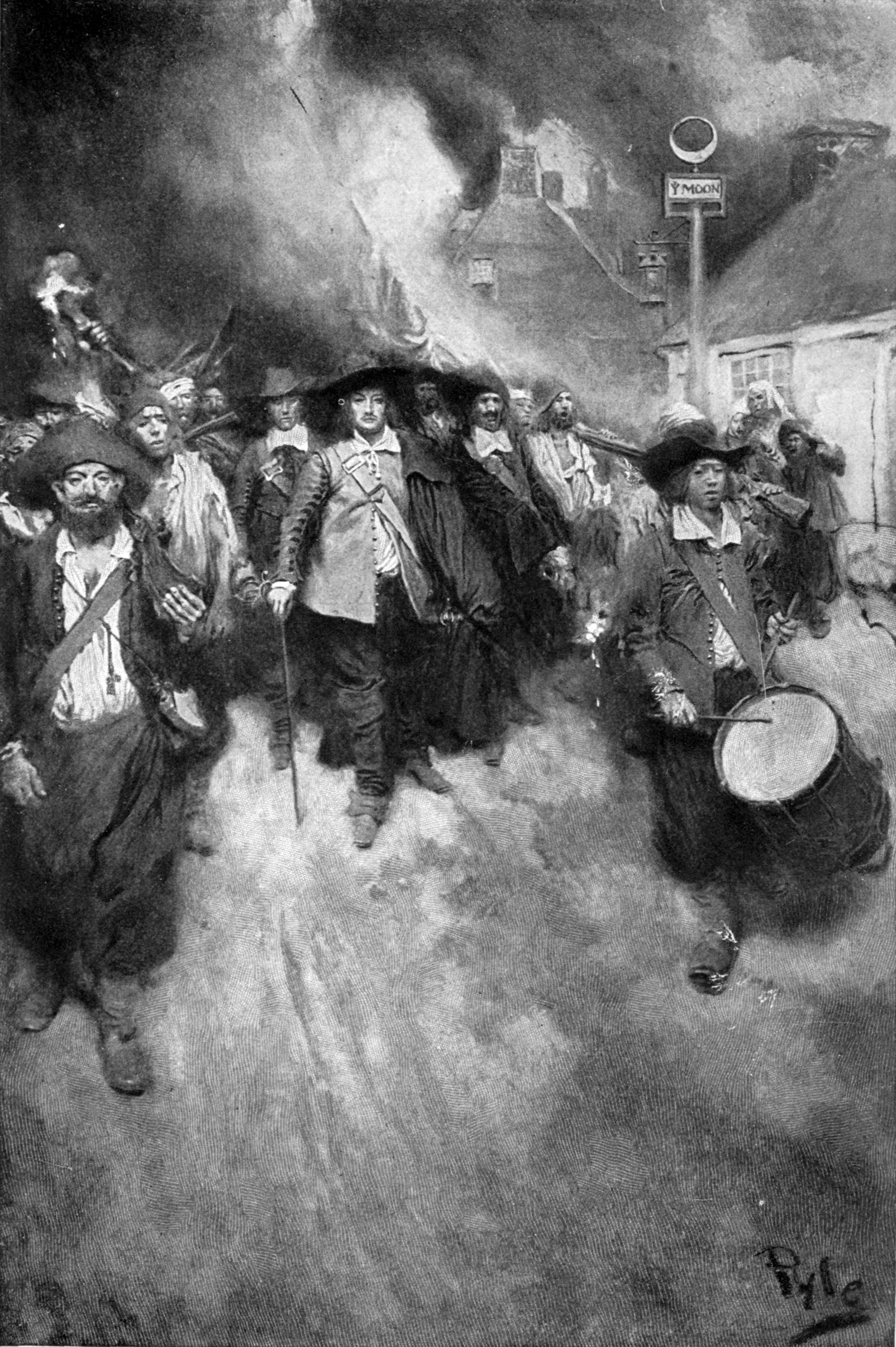 插畫家霍華德·派爾（Howard Pyle）所繪《詹姆斯鎮的焚毀》，生動描繪了 1676 年培根叛亂中叛軍縱火燒毀弗吉尼亞首府詹姆斯鎮的慘烈場面。