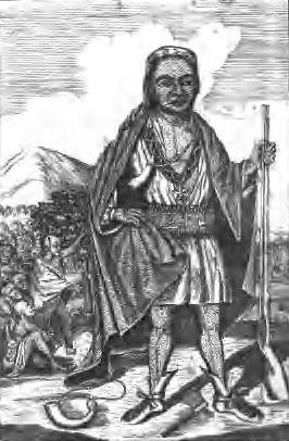 保羅·里維爾於 1772 年創作的經典銅版畫《蒙特霍普 sachem 菲利普王》，象徵殖民地時期對萬帕諾亞格盟主麥達康（Metacom）的經典想像刻畫。