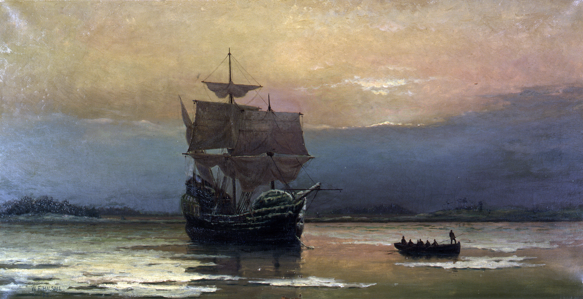 威廉·哈爾薩爾 1882 年名作《普利茅斯港的五月花號》（Mayflower in Plymouth Harbor），描繪清教徒乘坐五月花號抵達新大陸的歷史性場景。