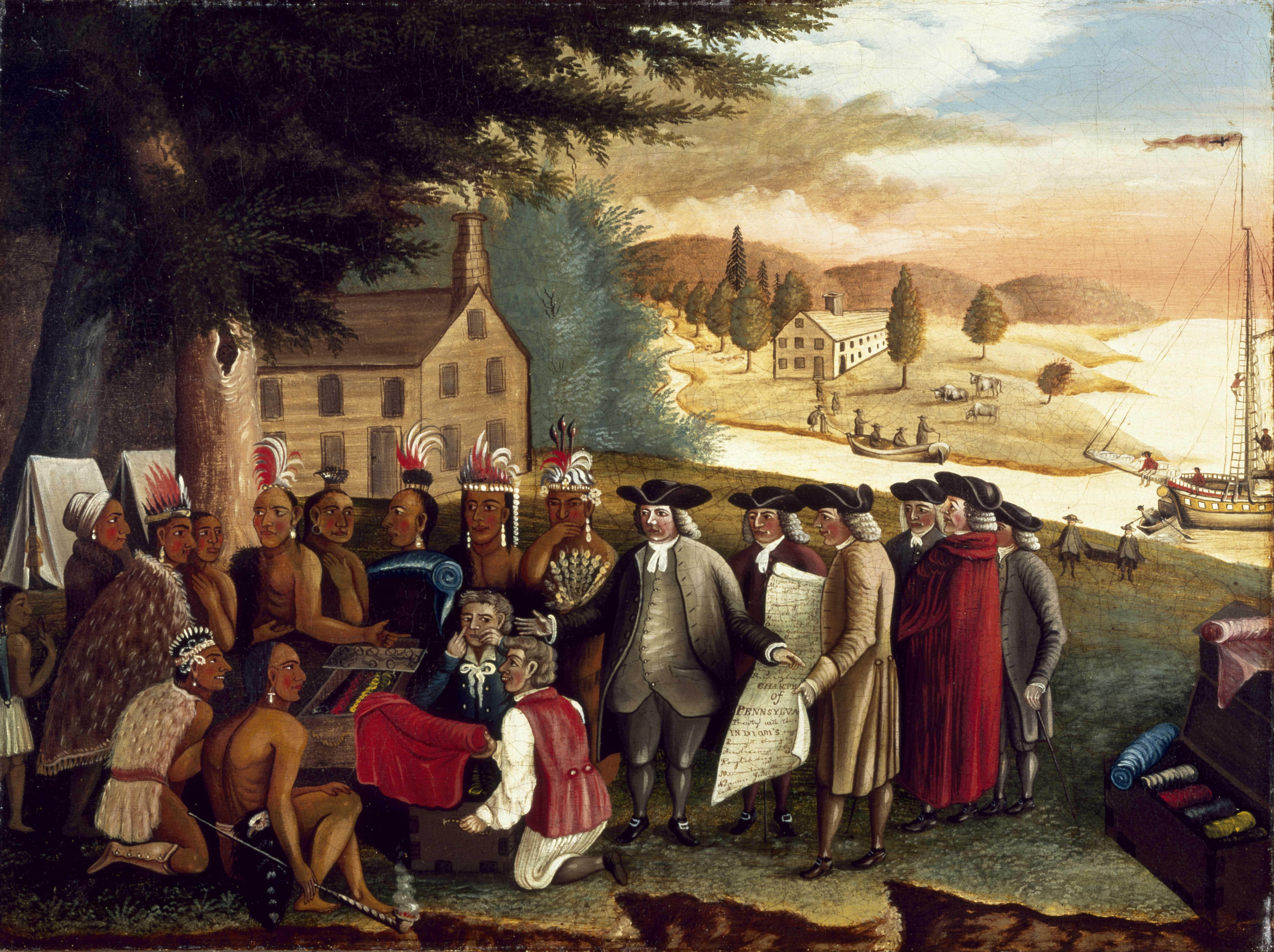 班傑明·韋斯特名作《賓與印地安人的條約》（Penn's Treaty with the Indians），描繪貴格會領袖威廉·賓在沙卡馬克森與德拉瓦原住民簽訂土地交易條約的和平場景。